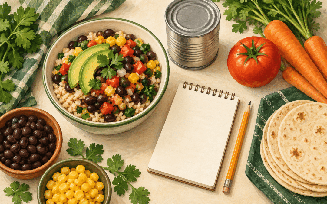 Illustration of a rice and bean bowl, vegetables, tortillas, and a notebook for planning meals.